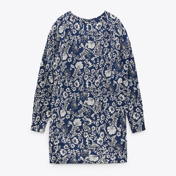 Zara navy blue and white floral jacquard long sleeve mini dress NWT - Picture 2 of 11